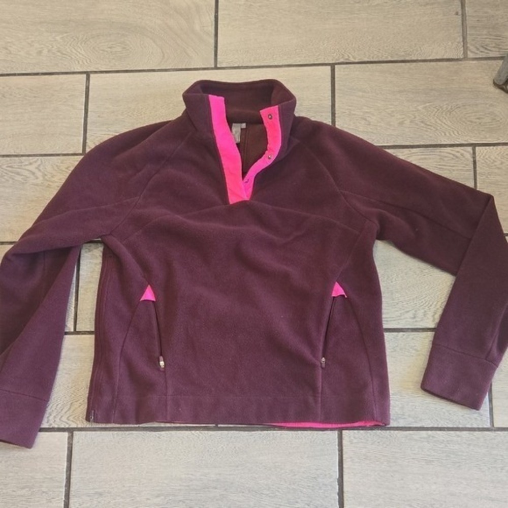Sweaty‎ Betty Burgundy Fleece Pullover Snap Neck Zip Pockets Size L